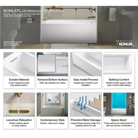 Kohler Underscore 60" Soaking Bathtub for Three Wall Alcove Installation with Left Hand Drain - Image 5