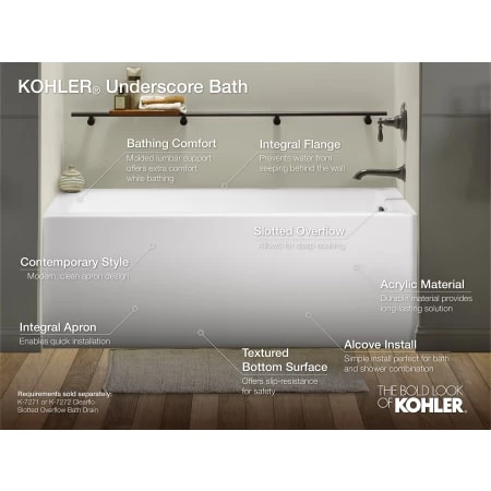Kohler Underscore 60" Soaking Bathtub for Three Wall Alcove Installation with Left Hand Drain - Image 2