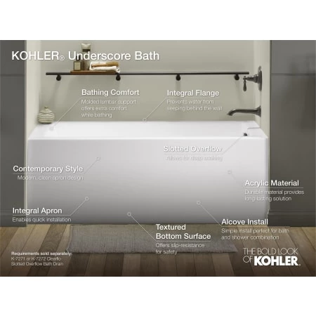 Kohler Underscore 60" Soaking Bathtub for Three Wall Alcove Installation with Right Hand Drain - Image 6
