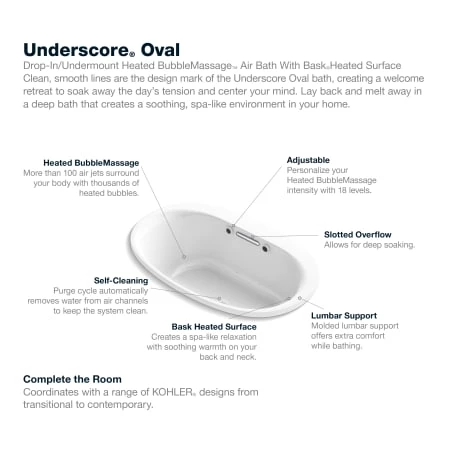 Kohler Underscore Oval 60" Drop In Acrylic Air Tub with Center Drain and Overflow - Image 2