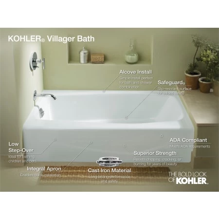 Kohler Villager Collection 60" Cast Iron Soaking Bathtub for Three Wall Alcove Installations with Right Hand Drain - Image 3