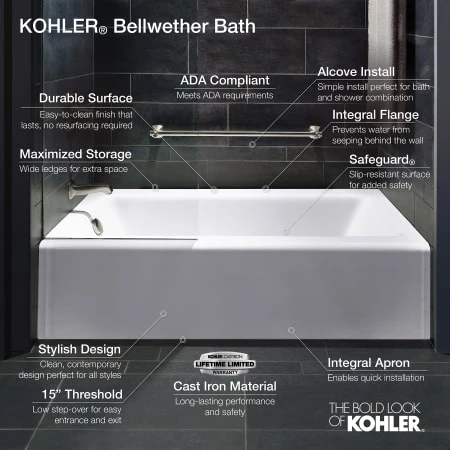 Kohler Bellwether Collection 60" Three Wall Alcove Cast Iron Soaking Bath Tub with Integral Apron and Right Hand Drain - Image 2